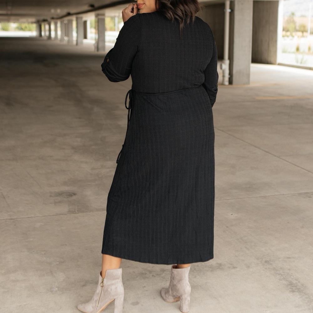 Black Ribbed Knit Midi Wrap Dress - Picture 9 of 16